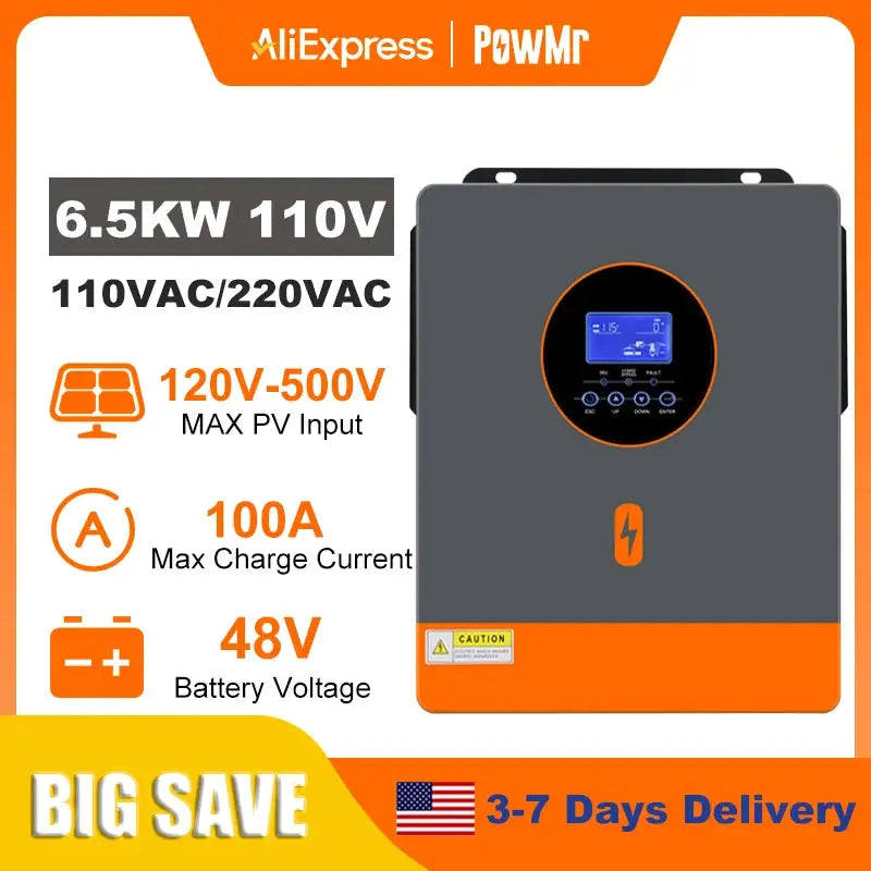 PowMr 6.5KW Split Phase Inverter 48V 110V or 220V with MPPT 100A Solar Battery Charger RS485 CAN Max PV Array Power 7200W