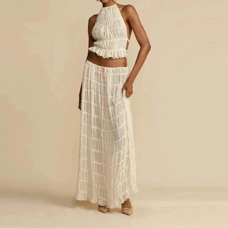 Bold Lace Up Maxi Skirt Suit Backless Sling Top Ensemble