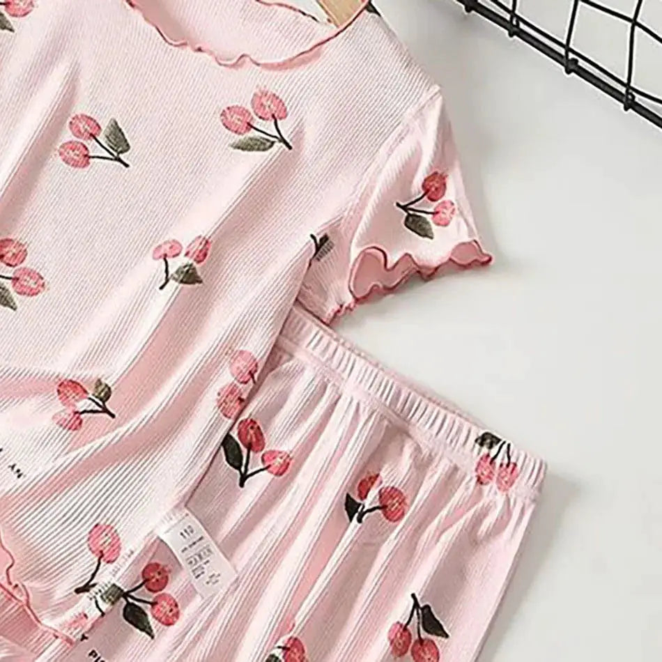 DreamNest Girls Cherry Blossom Summer Pajama Set- Breathable 4-Way Stretch Modal