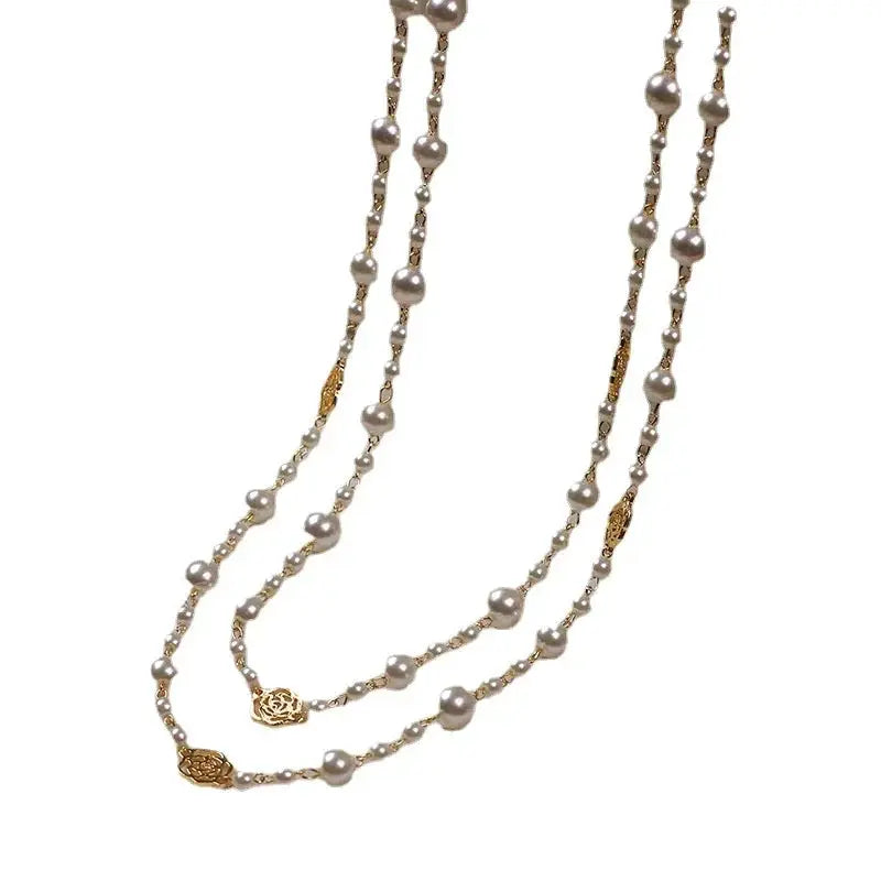 Vintage Lady Camellia Pearls Flower Long Necklace Chain