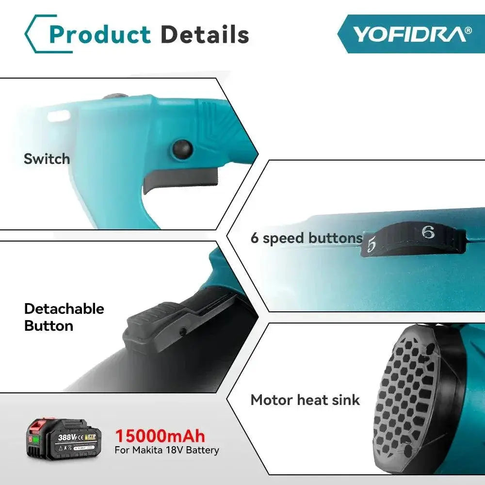 YOFIDRA 2000W Electric Leaf Blower 6 Speed Makita Battery