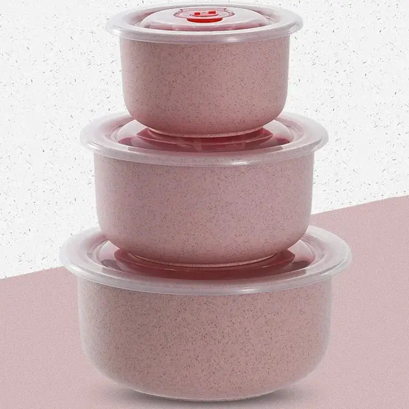 3pcs Wheat Straw Fresh-Keeping Bowl Three-Piece Set with Lid for Home Microwaveable Plastic Round Lunch Box