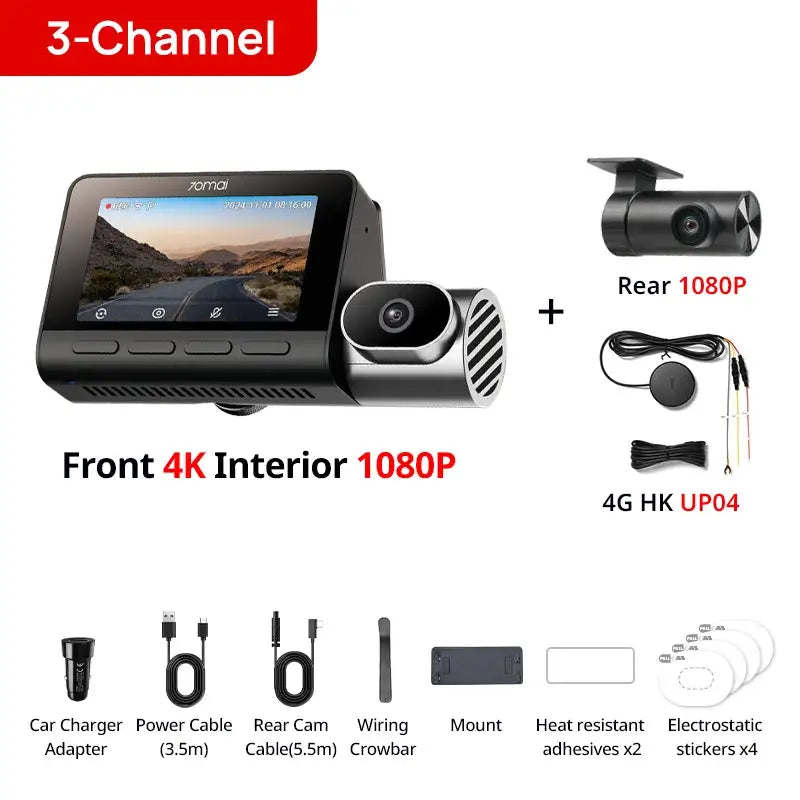 70mai 4K T800 3-Channel Dash Cam, Front Rear Interior Triple HDR, Supercapacitor Built-in GPS&ADAS, 24H Parking Guardian 4G LTE