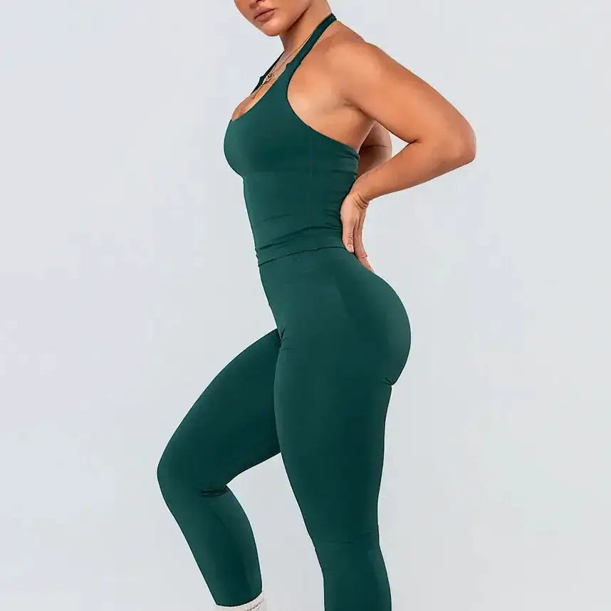 2026 Yoga outfit DFNNYE two Pieces Gym Set seamless Women DF impact backless Halter Top Leggings Fitness Clothes Workout sets