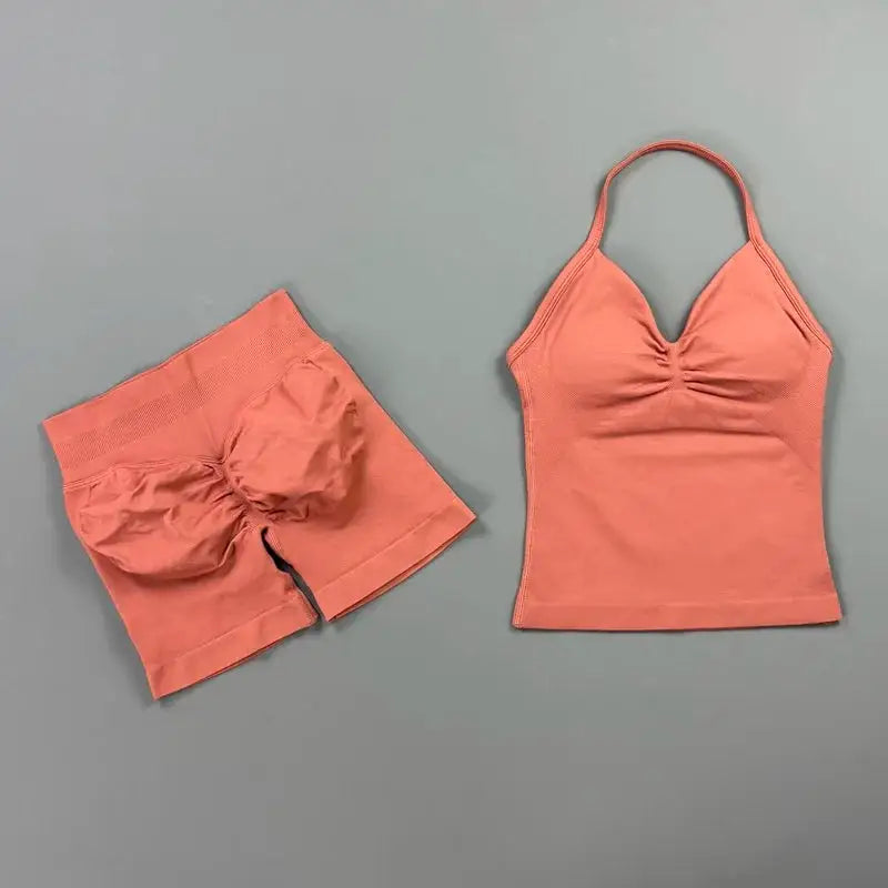 Women Sports Shorts Set Seamless Gym Longline Strappy Top and Tummy Control Short Leggings Suit Yoga Workout Activewear Set