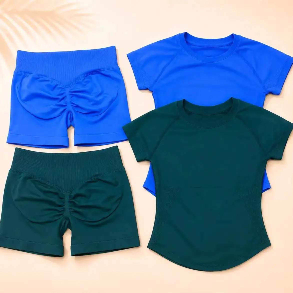 NoLogo Women Ribbed Yoga 2-Piece Set Tummy Short Sleeve Top High Waist Butt Lifting Shorts Seamless Gym for Fitness Running
