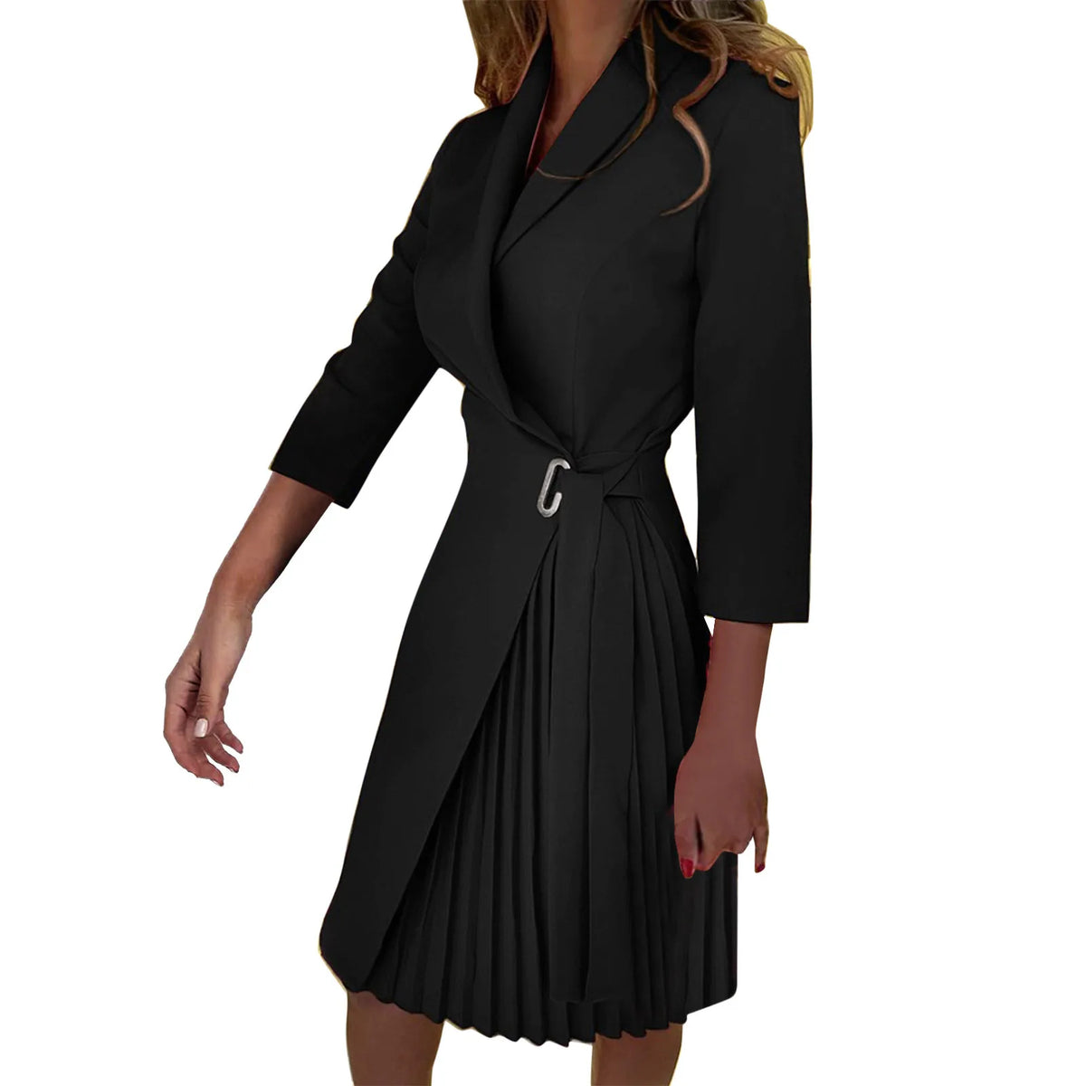 Pleated Patchwork Belted Blazer Dress