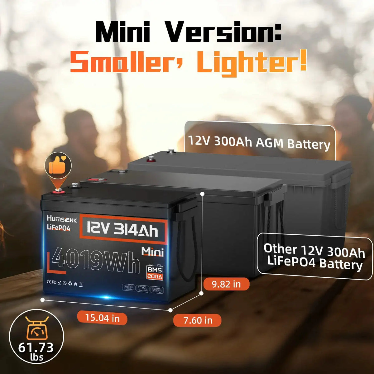 Humsienk 12V 314Ah LiFePO4 Battery, Size MINI, Capacity 4019Wh, Built-in 200A BMS, 15000+ Deep Cycle, For Fishing, Portable Power Station, Golf Cart, Boat, Marine, Off-Grid, Solar, 5-Year Warranty