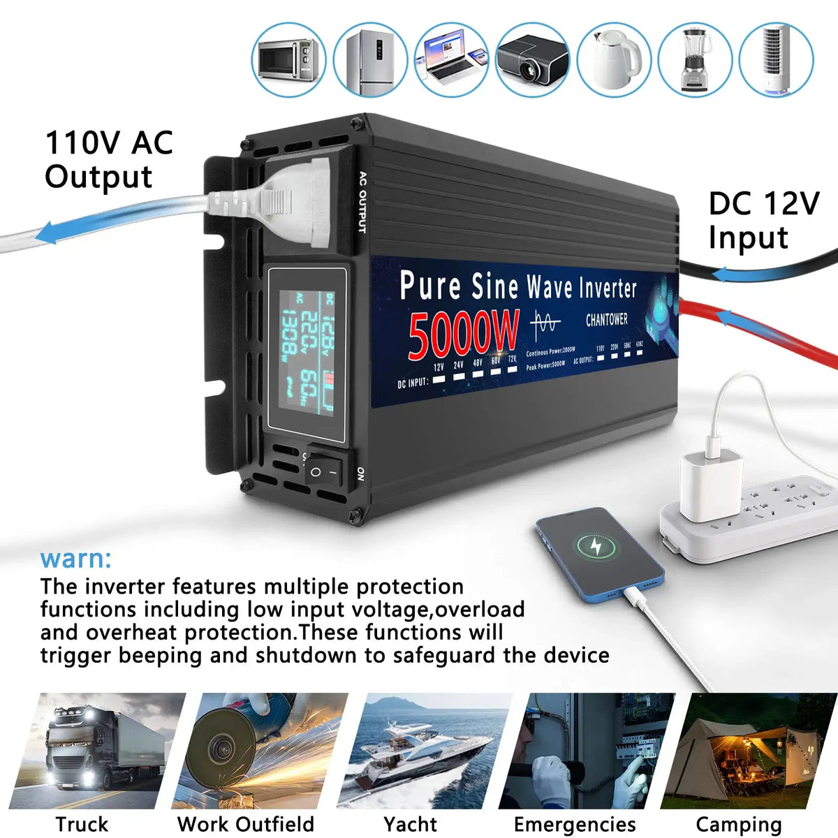 Pure Sine Wave Inverter 12V 220V 24V 110V 1000W 1600W 3000W 4000W 5000W DC To AC Portable Power Converter Car Solar Inverter