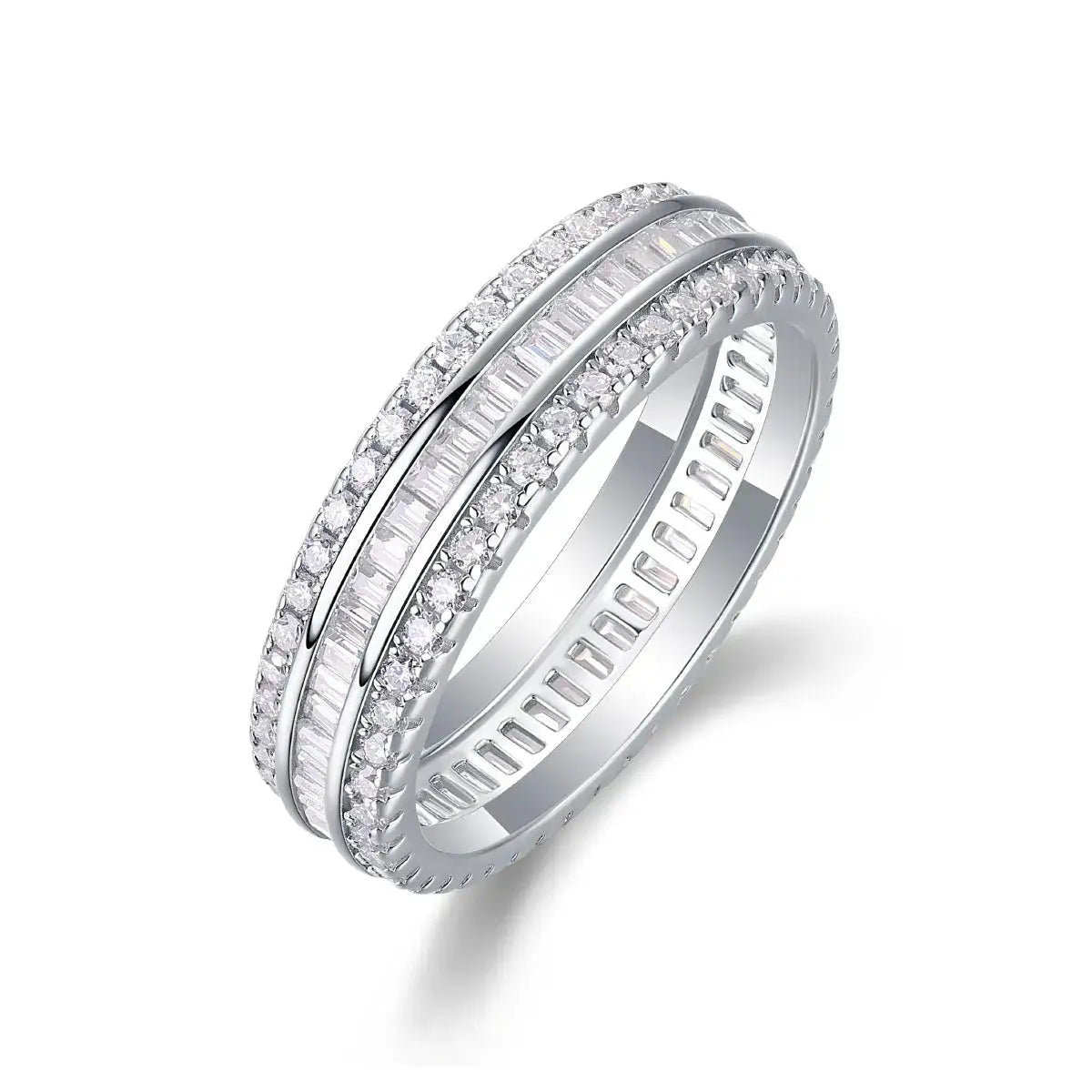 Triple Row Baguette Moissanite Ring, 925 Silver, D Color VVS1, 1.53ct Full Pave, Stackable Women's, w/ Cert