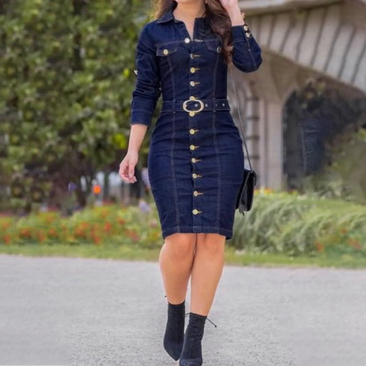 Belted Button Denim Shirt Dress