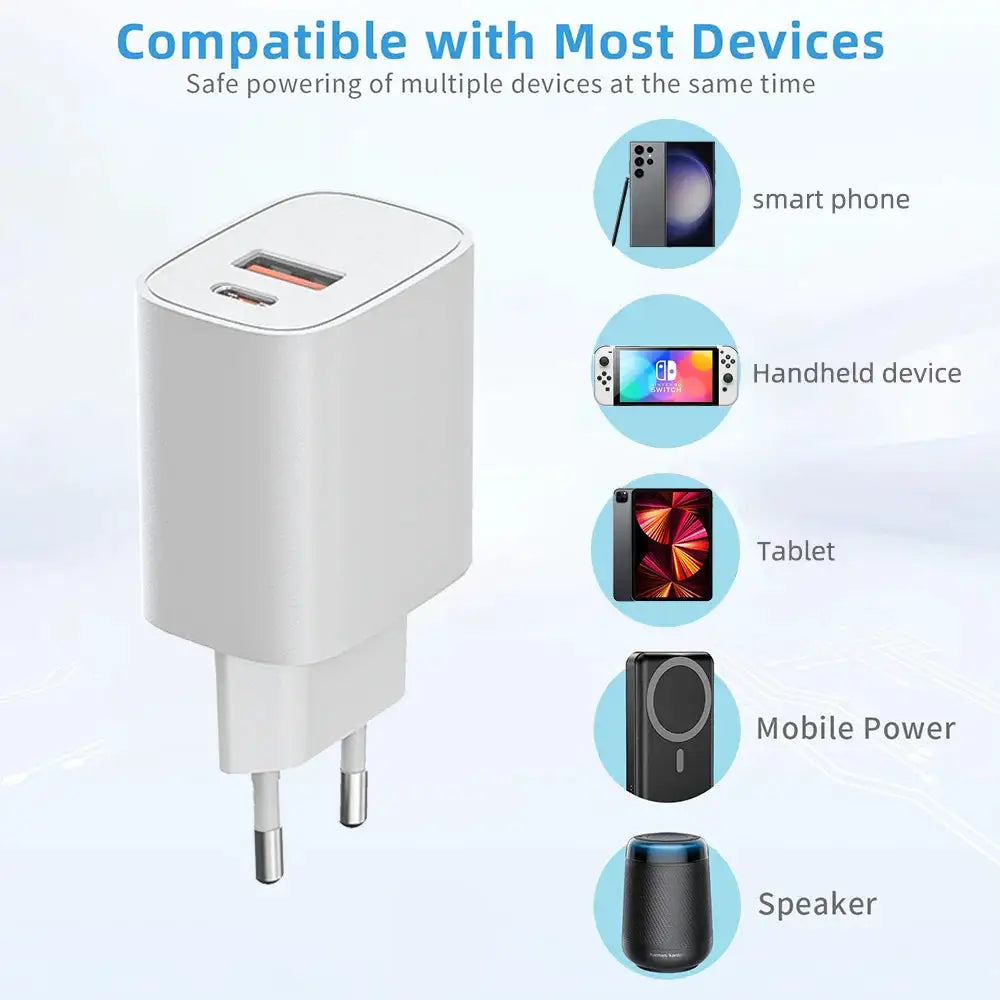 30W PD 3.0 Fast Charger EU Plug Dual Ports USB-A USB-C Wall Charger Power Adapter for iPhone iPad Samsung Galaxy Mobile Phone