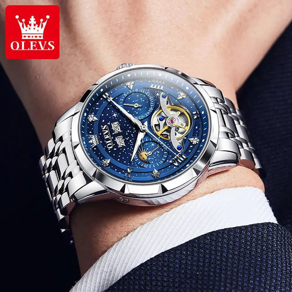 OLEVS Mens Moon Phase Hollow Flywheel Luxury Wristwatch
