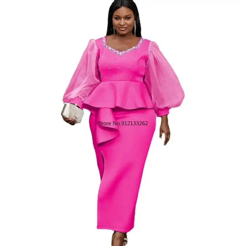 Blue Beaded Lantern Sleeve Peplum Dress Nightwear Elegance