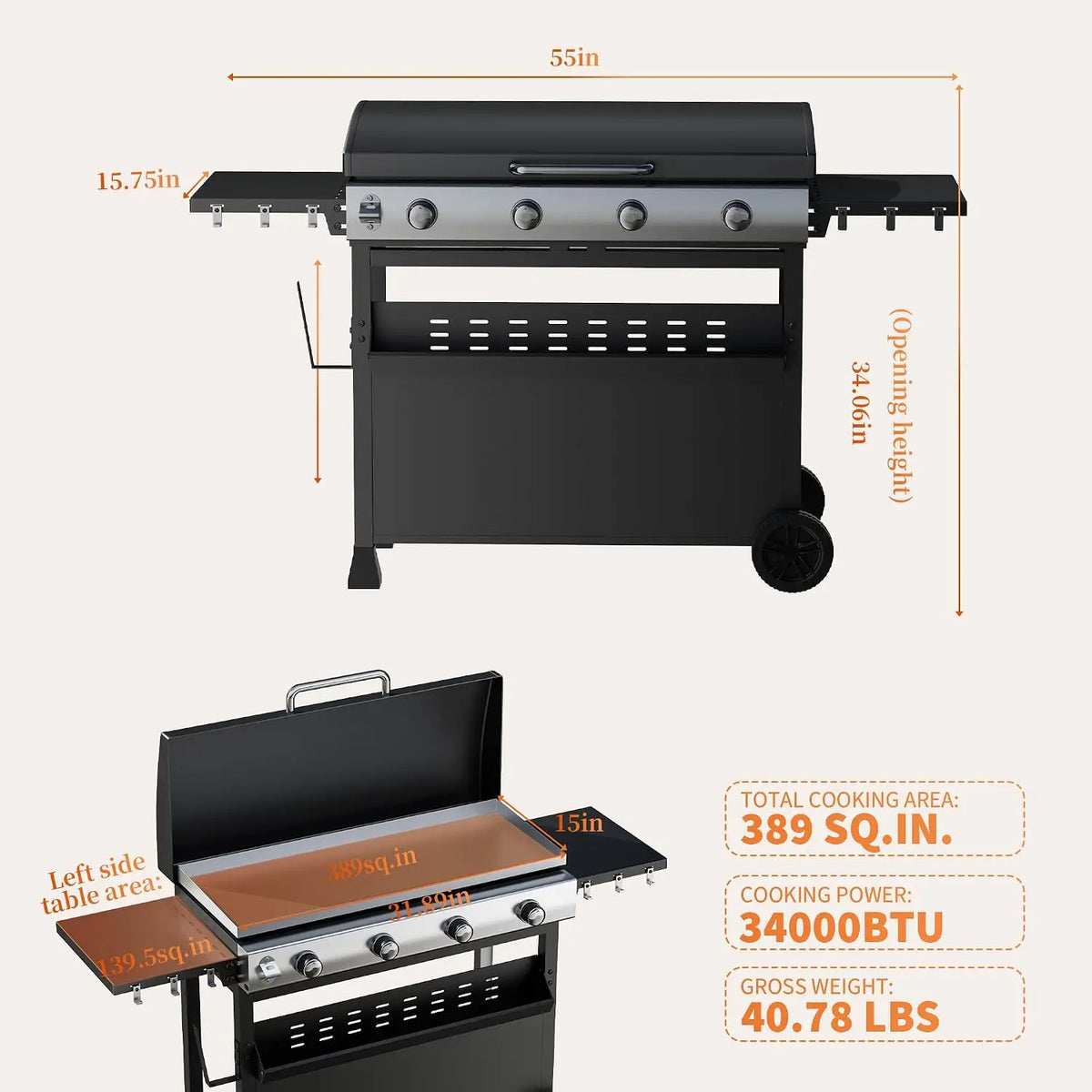 BTU Propane Gas Grill – sq.in Flat Top, Weather-Resistant Hood — product view 4