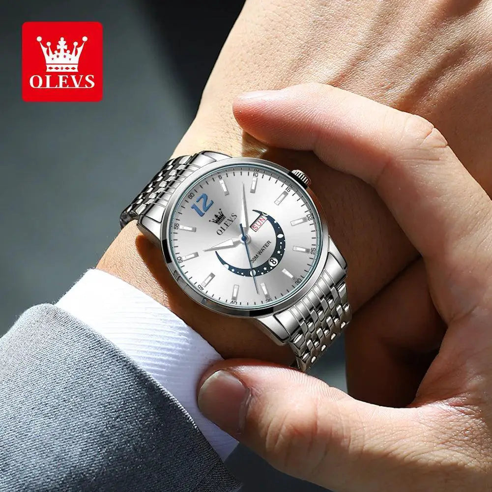 OLEVS Mens Crescent Quartz Watch Water Resistant Timepiece