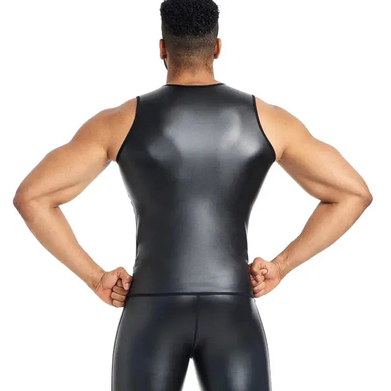 Men Body Shaper Faux Leather Vest Undershirt Tank Top