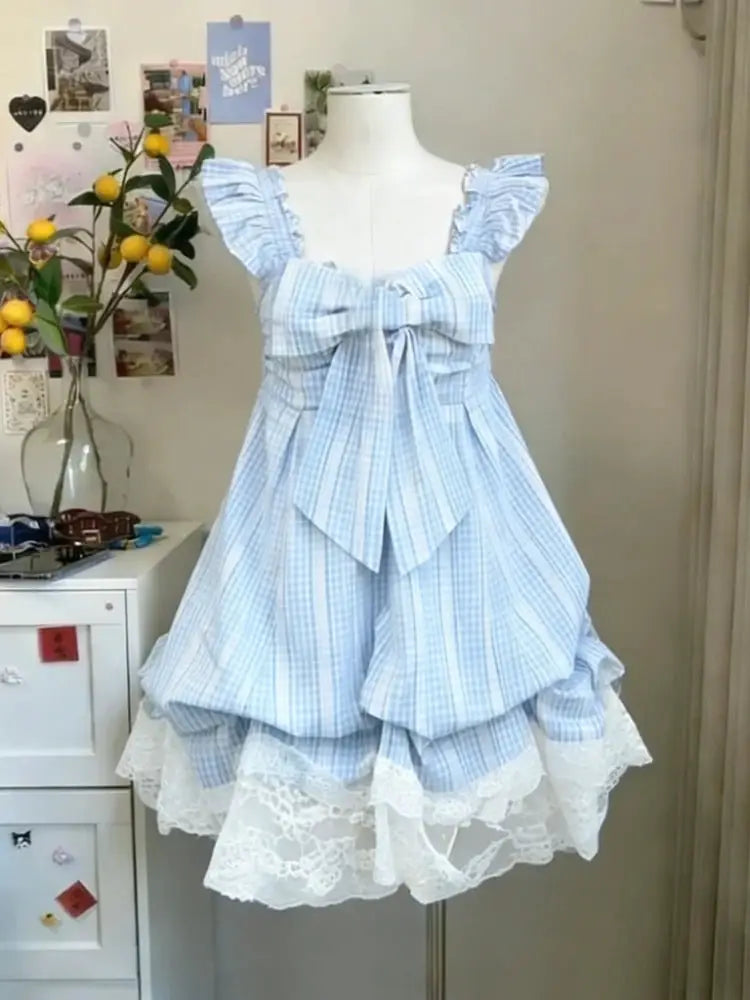 2026 Woman Kawaii Y2k Min Dress Lolita Cute Sleeveless Floral Dress Spicy Girls Lace Up Ruffle Slim Fit Dresses Design Beach