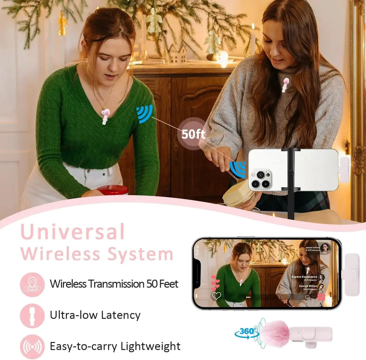 New Pink K60 Plug and Play Wireless Lavalier Microphone Portable MINI Wireless MIC For Smartphone Live Streaming/Video Recording