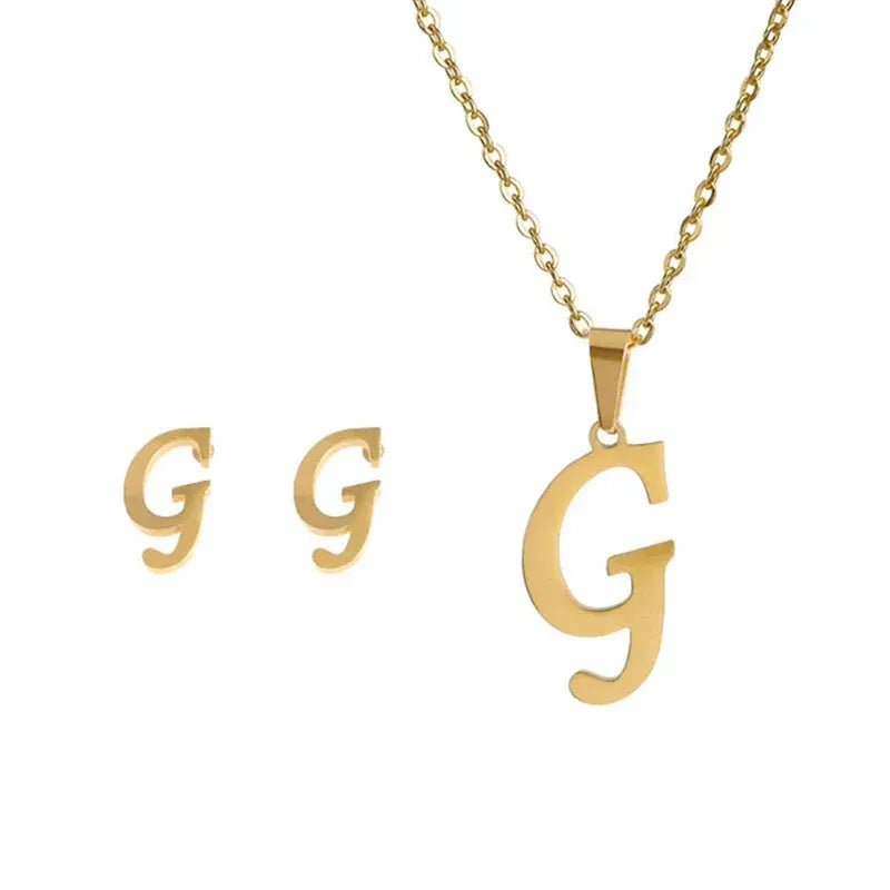 Stainless Steel Alphabet Initial Necklace And Earrings Set