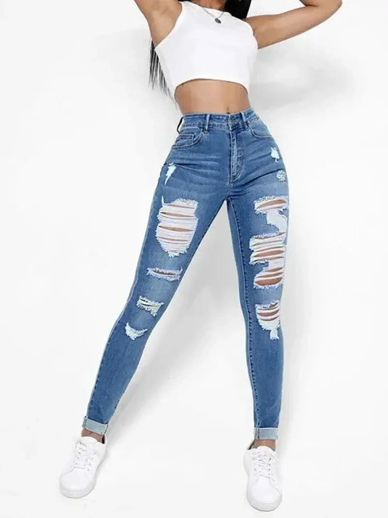 Ripped Holes Casual Skinny Jeans With Slash Pockets Autumn