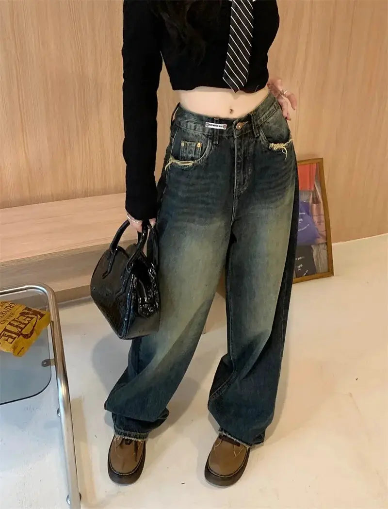 Womens Harajuku Style Loose Wide Leg Jeans Autumn Fashion