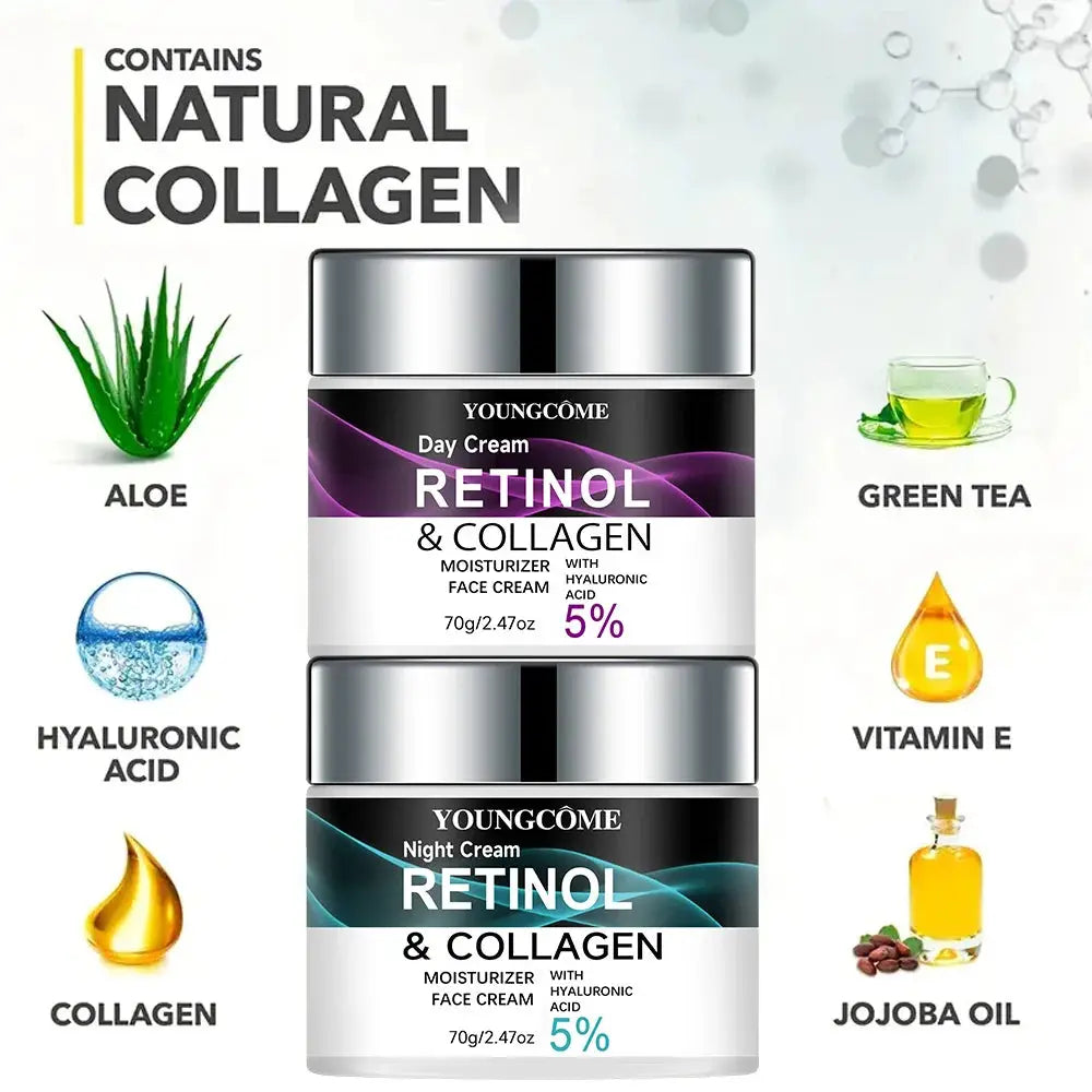 Retinol & Collagen Day Night Moisturizer with Hyaluronic Acid - Hydrating Face Cream for Tender Skin | All Skin Types Organic Fo