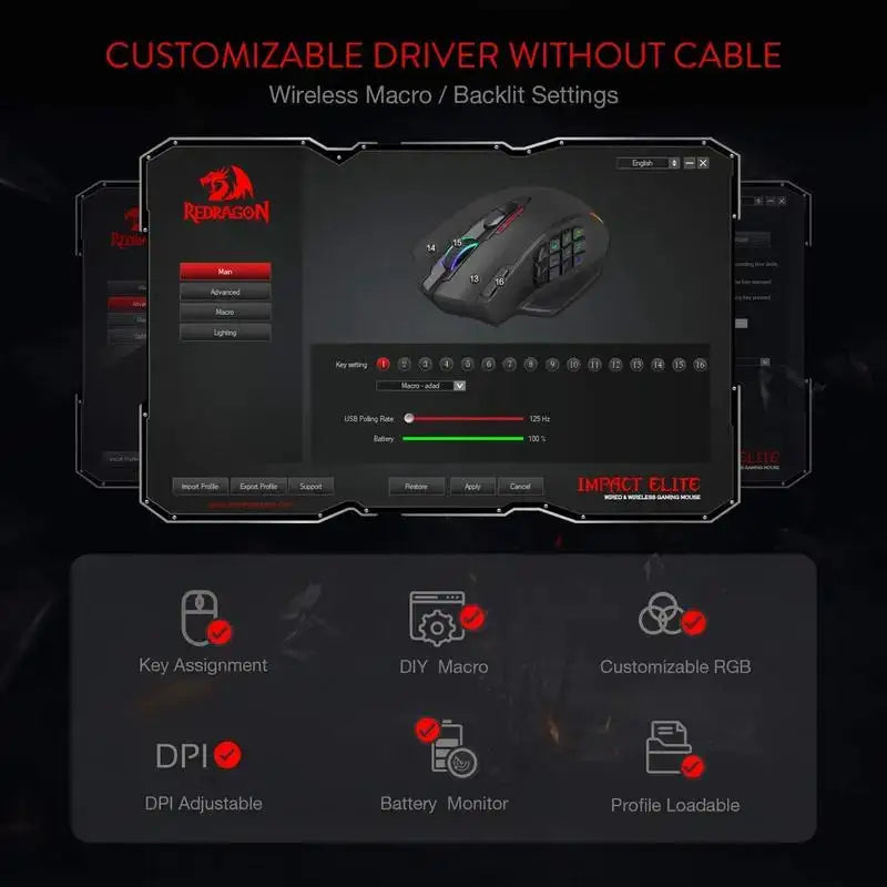 Redragon M913 Gaming 16000 DPI Wired 2.4Ghz Wireless RGB Optical Gamer Mice 16 Programmable Buttons, Black/White Mouse