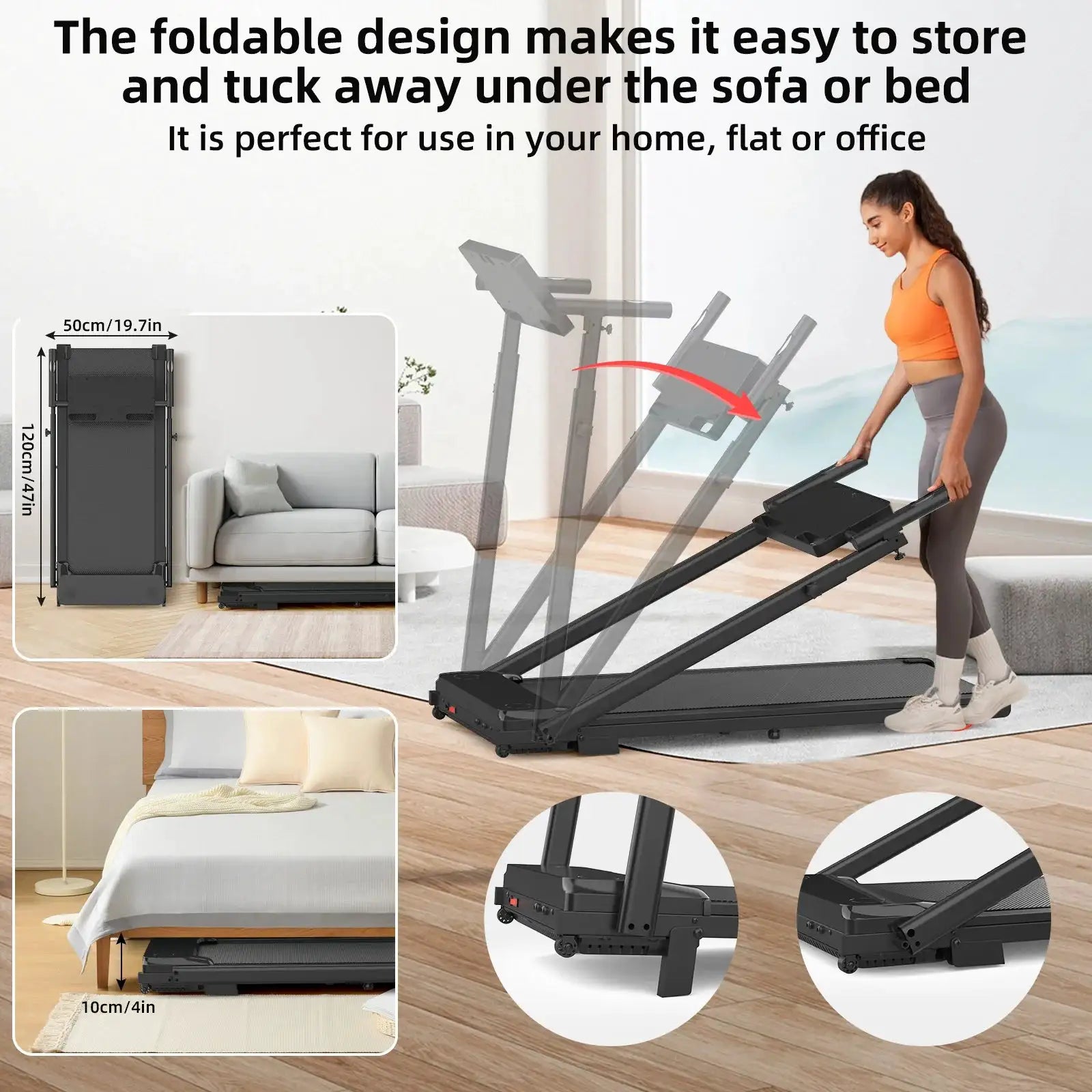 Portable Treadmill with Adjustable Armrest & Atmosphere Lights Big LED Screen Foldable Walking Pad for Office Home Fitness