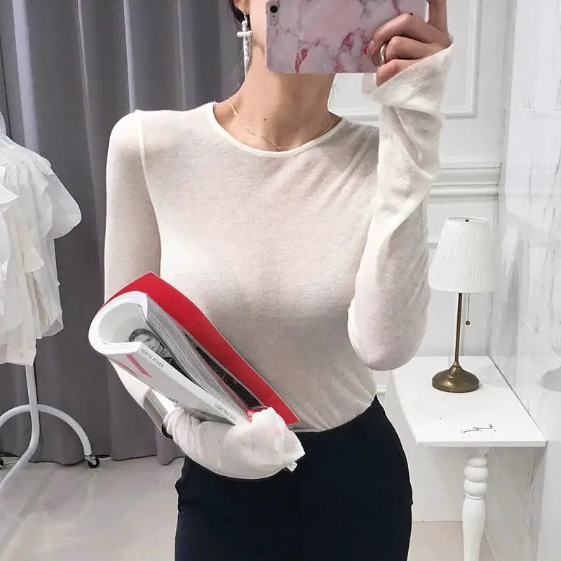 Korean Style Elegant Long Sleeve Womens T Shirt Chic Comfort