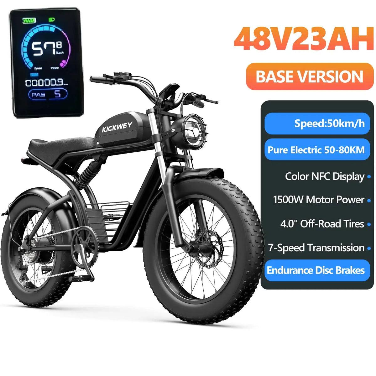 Electric Bike for Adults K7 2026 New Model 1500W Peak Motor 48V 23Ah Removable Battery 20 Inch Fat Tire Off Road Ebike NFC Display US Local Warehouse Fast Shipping