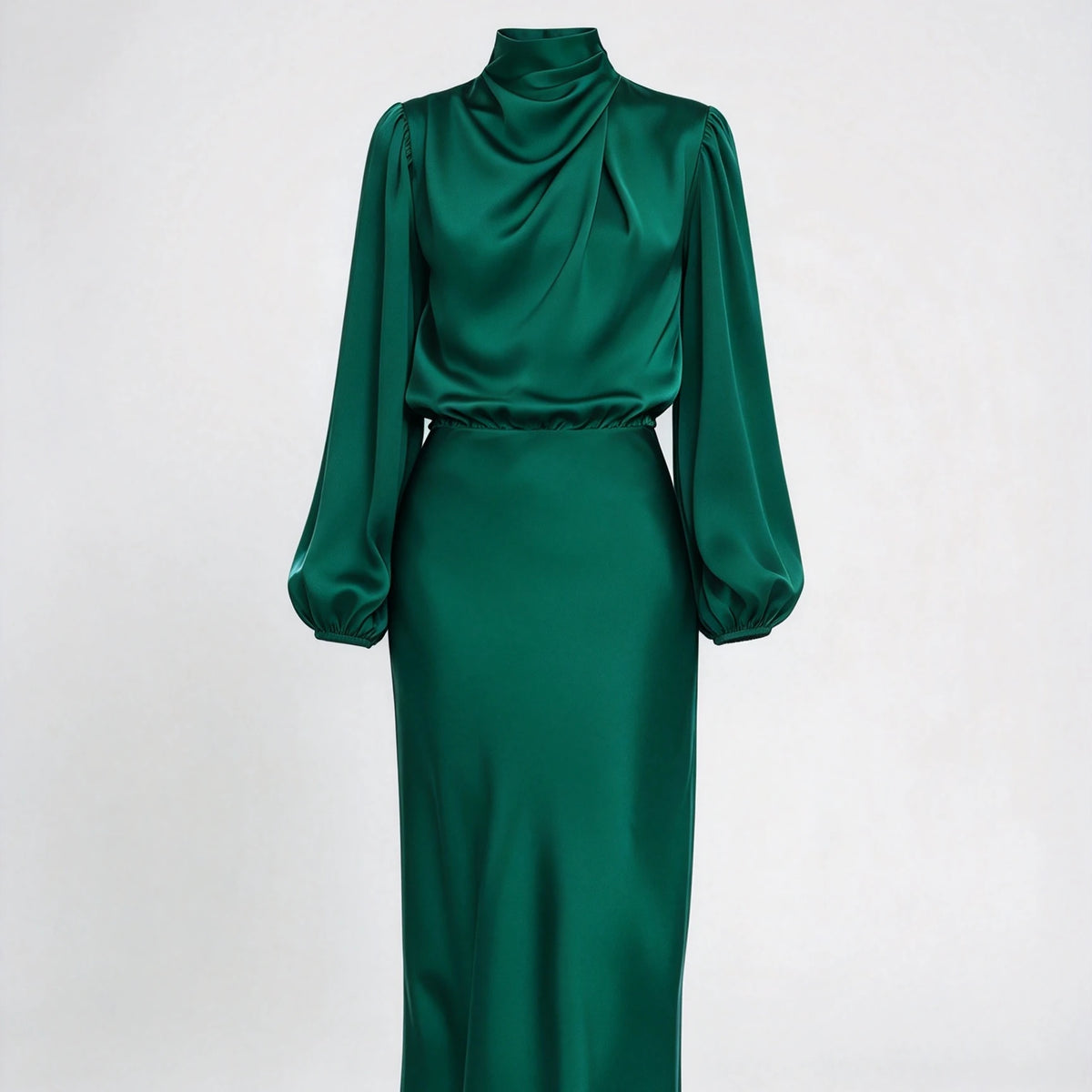 Satin Draped Lantern Sleeve Dress