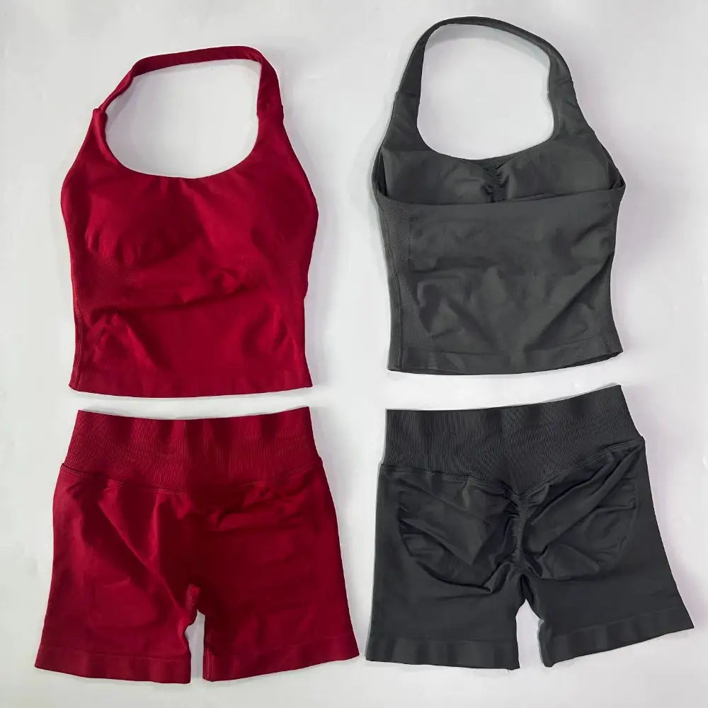 No Logo 2 Pieces Gym Set Women Backless Halter Tops High Waist Seamless Shorts Gym Suit Fitness Clothes Sportswear Workout Sets