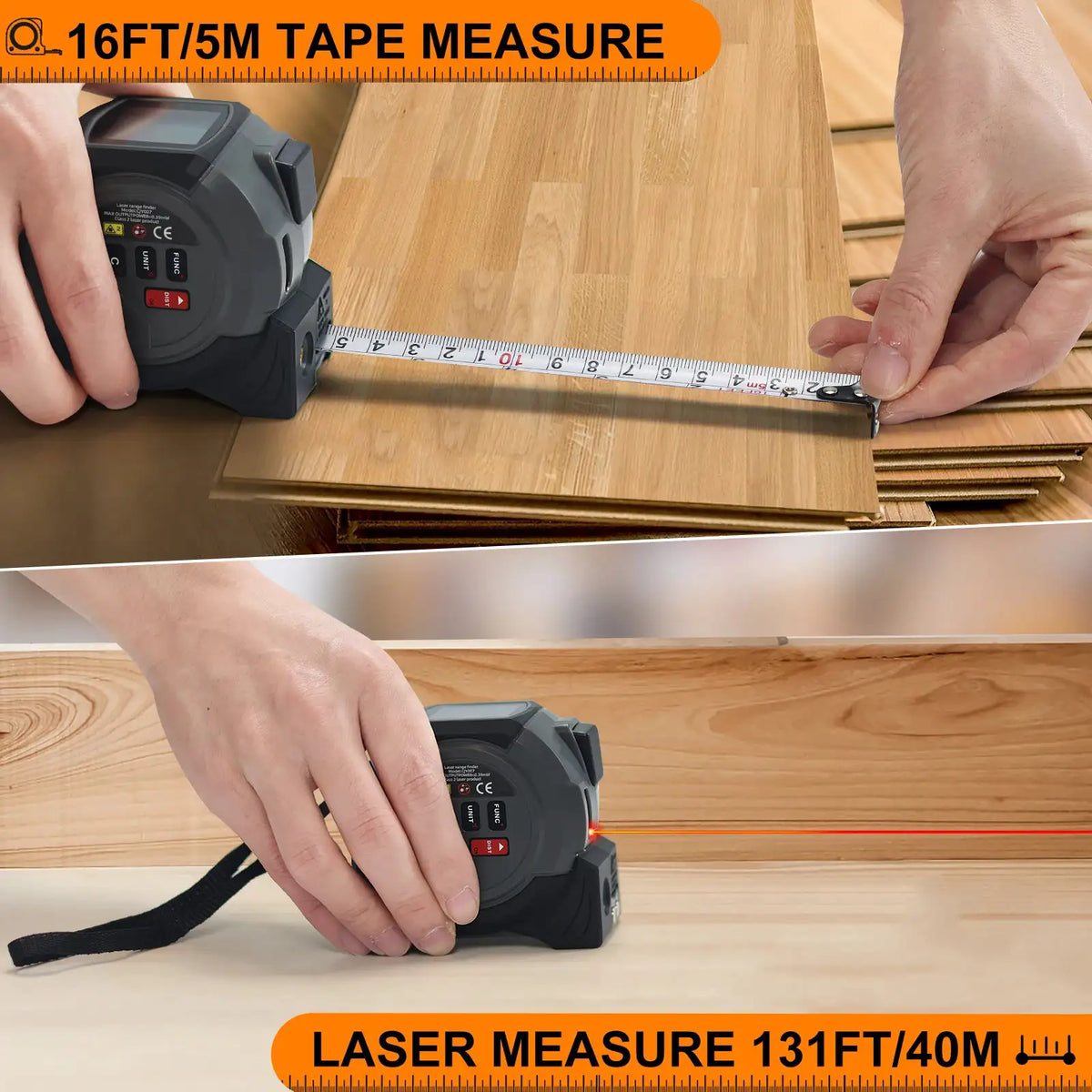 3-In-1 Laser Rangefinder 5m Tape Measure 60M/196Ft / 40M/131Ft Handheld Laser Meter Measuring Tool Cross Line Laser Level BUCKLE