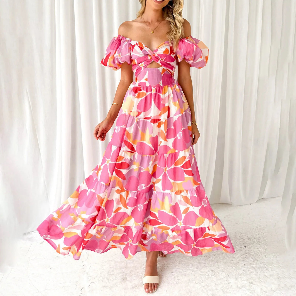 Floral Cutout Puff Sleeve Dress