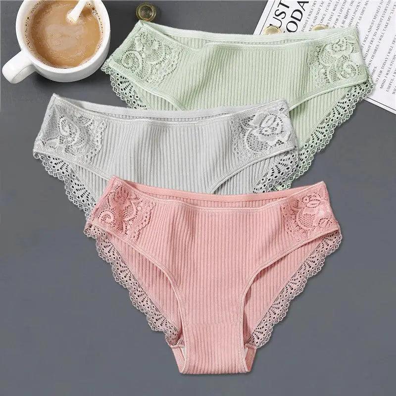 Patchwork Lace Cotton Panties Set Three Piece Lingerie
