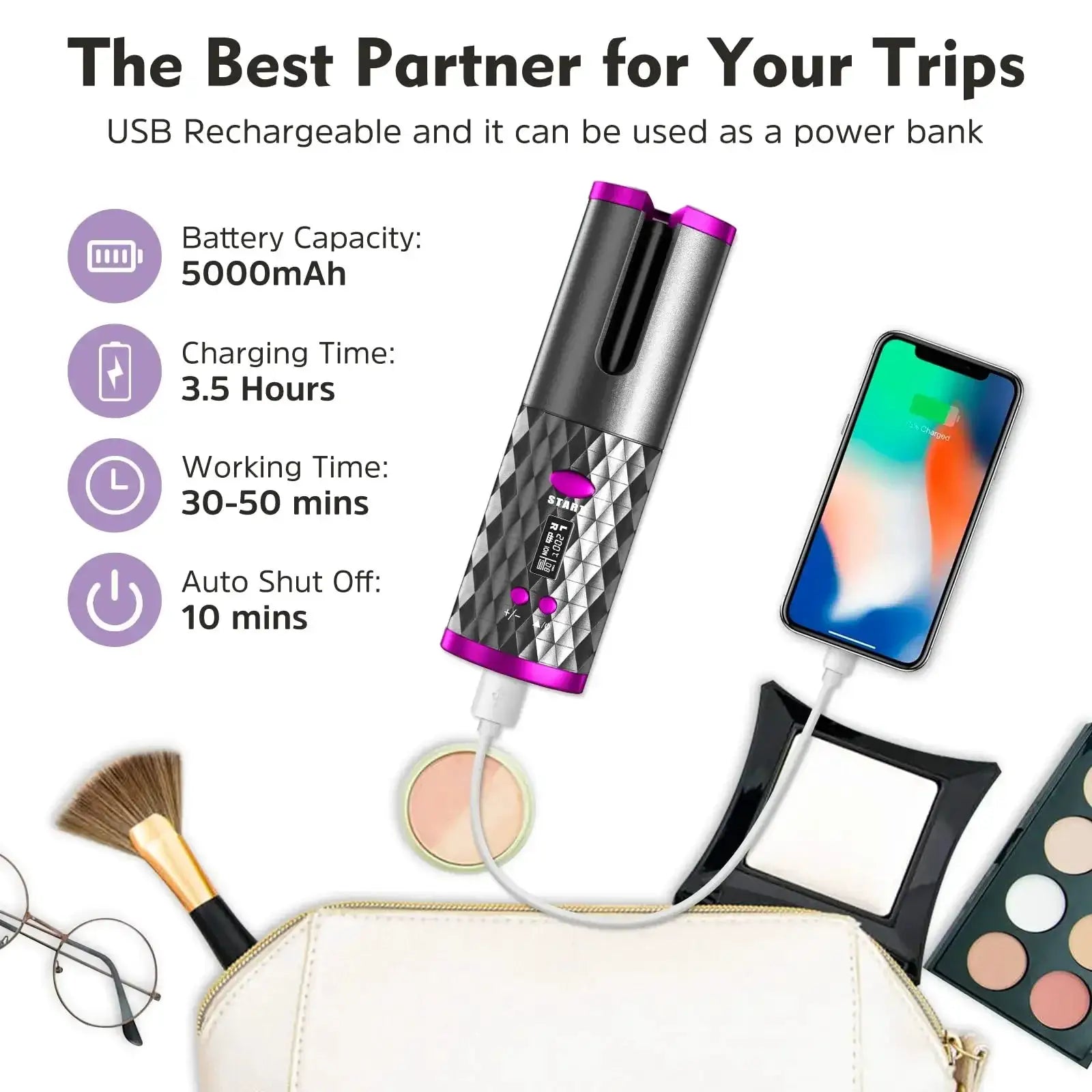 Cordless USB Rechargeable Curling Iron Portable Hair Curler