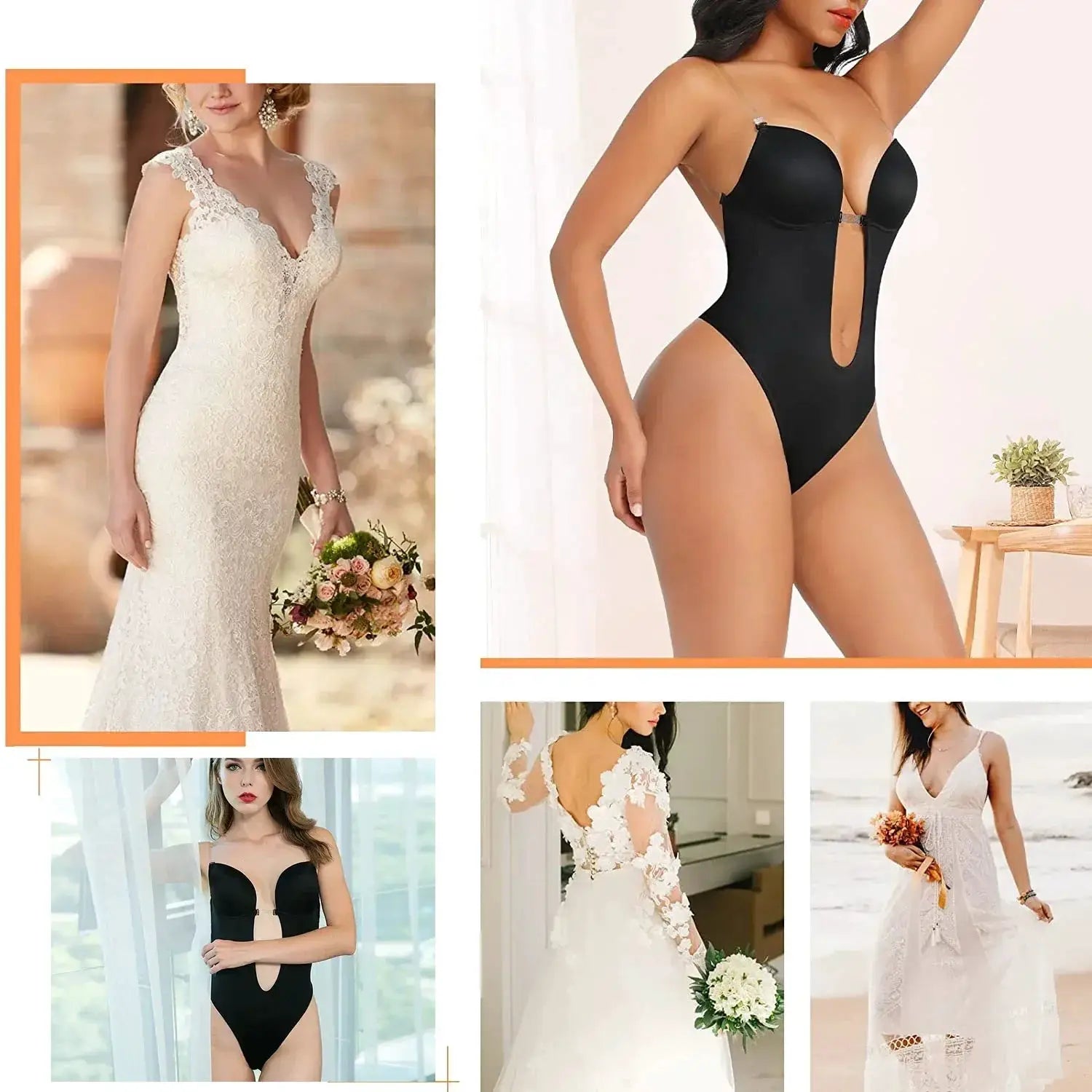 Backless Deep V Neck Thong Bodysuit Shapewear Invisible Bra