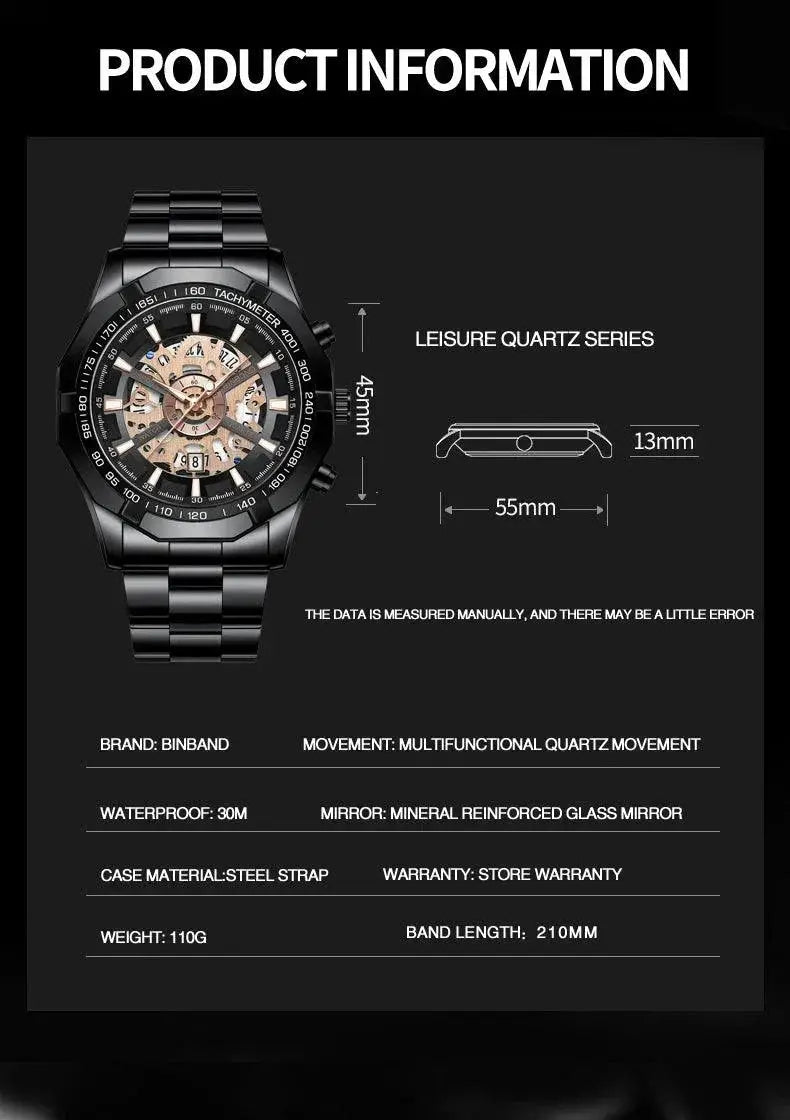 Luxury Blue Dial Stainless Steel Mens Watch Hollow Design