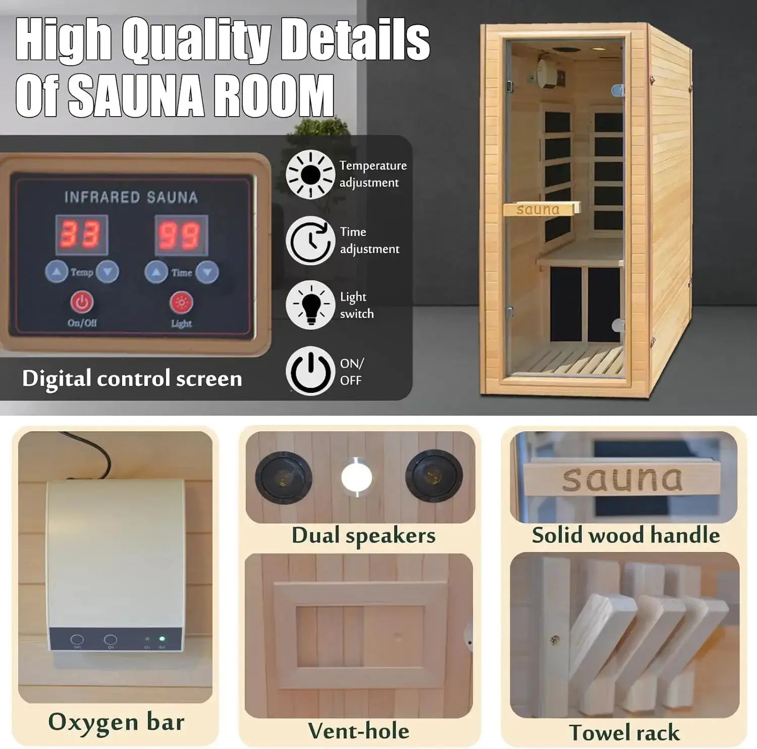 Indoor Mini Sauna 1200W Compact Hemlock Wood 5 Panels