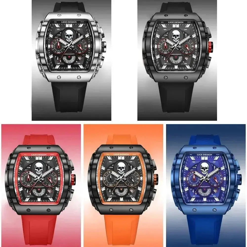 LIGE Skull Mens Chronograph Watch Stylish Quartz Wristwatch