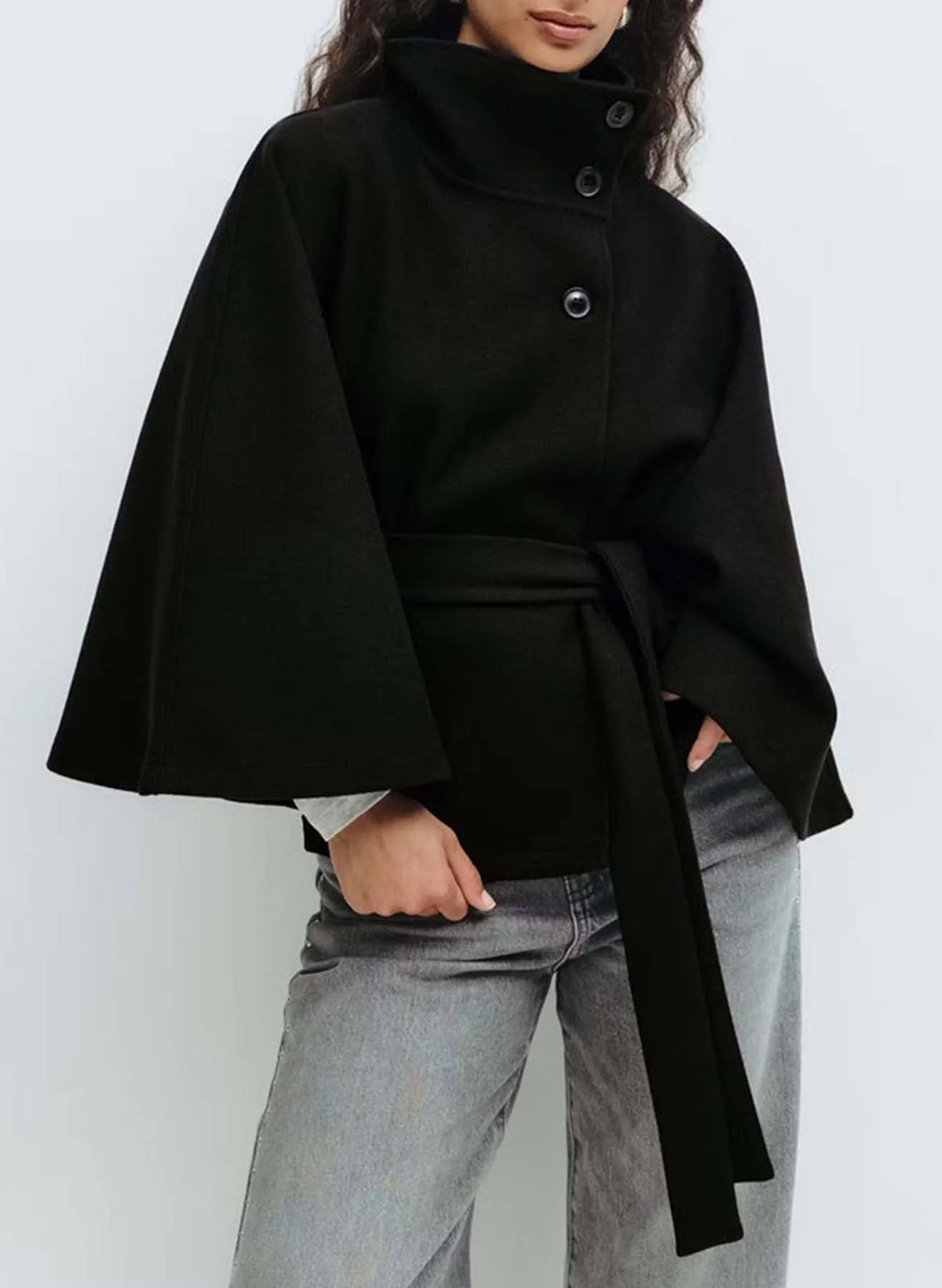Belted Stand Collar Cape Coat