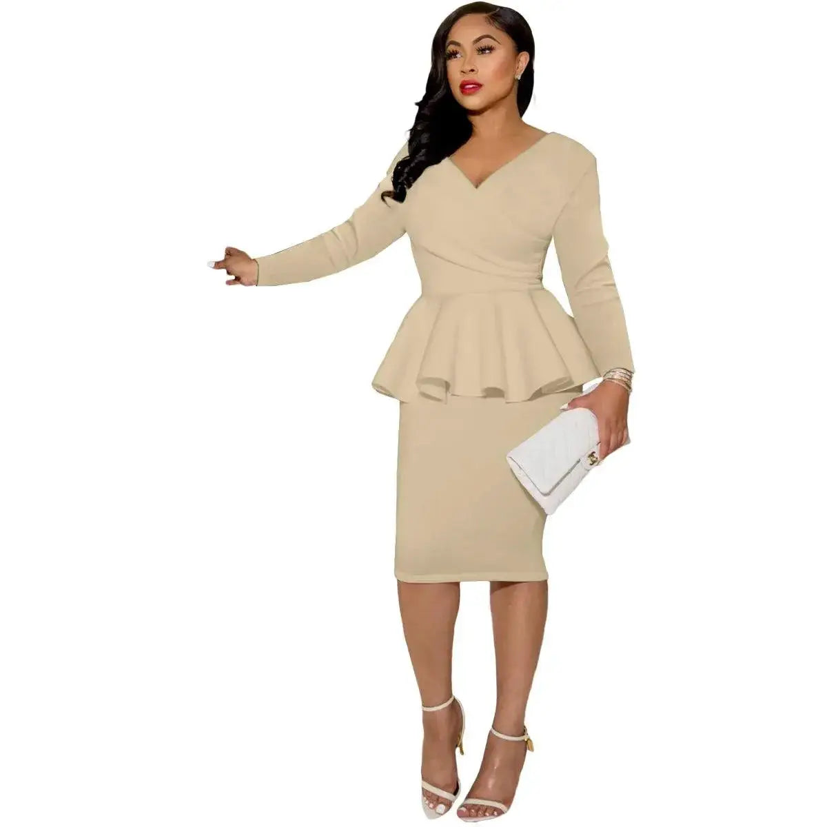 Sophisticated V-Neck Peplum Dress For Autumn Office Attire