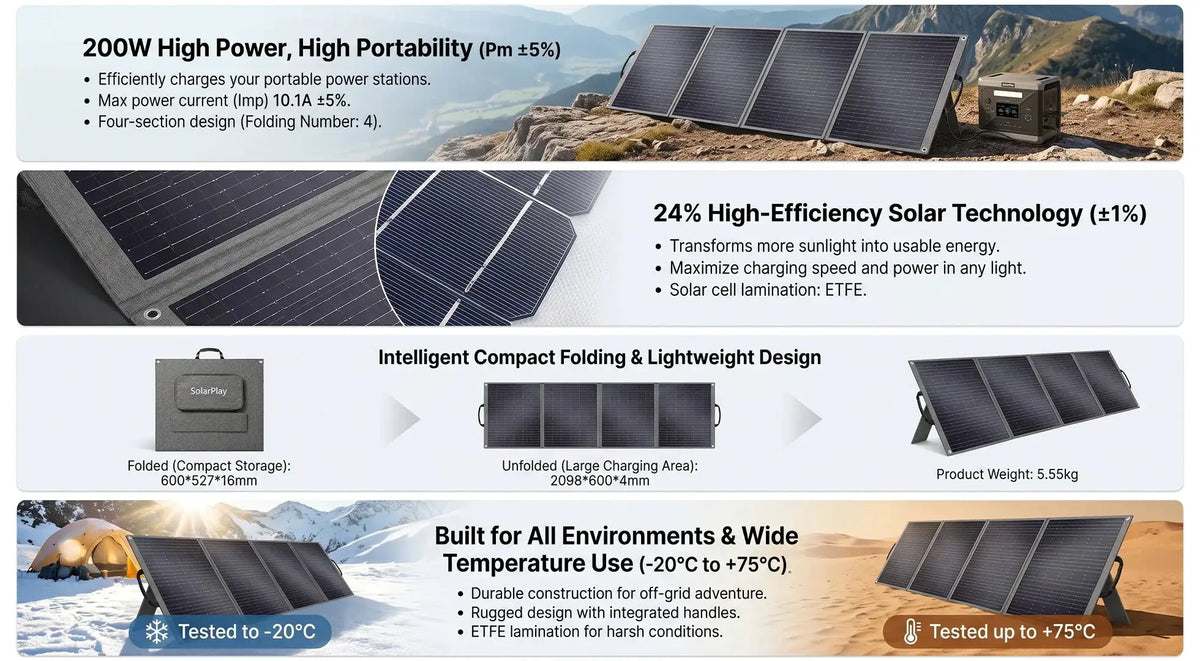 SOLARPLAY 200W/400W Foldable Solar Panel 4/6 Fold Solar Generator Charging Panel For Power Station,Outdoor Camping Power Generator Charging