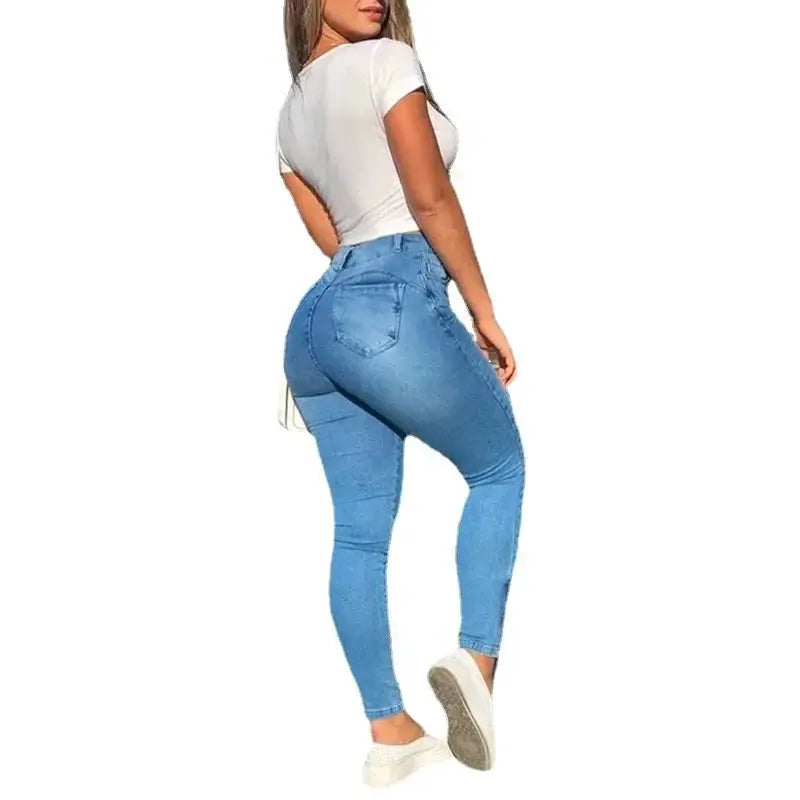 Women Distressed Denim Jeans High Waist Sheath Pencil Cargo