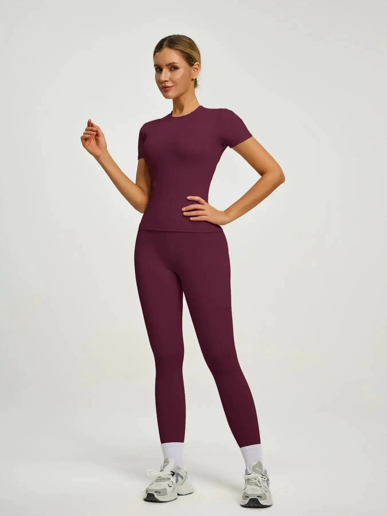 Women's Short Sleeve Sporty Set, High Waist Yoga Pants & T-Shirt Combo, Ideal for Fitness Gym Sculpting Workout
