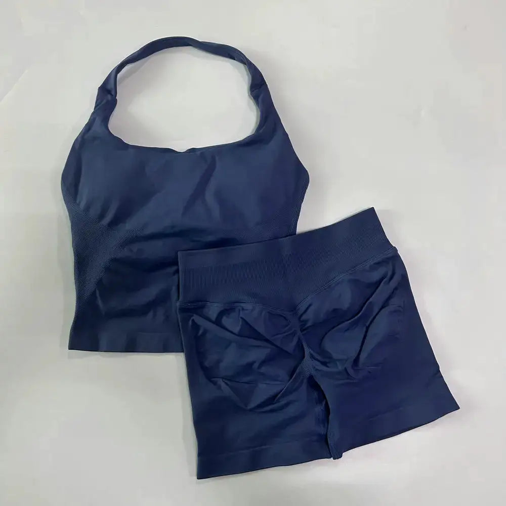 No Logo 2 Pieces Gym Set Women Backless Halter Tops High Waist Seamless Shorts Gym Suit Fitness Clothes Sportswear Workout Sets