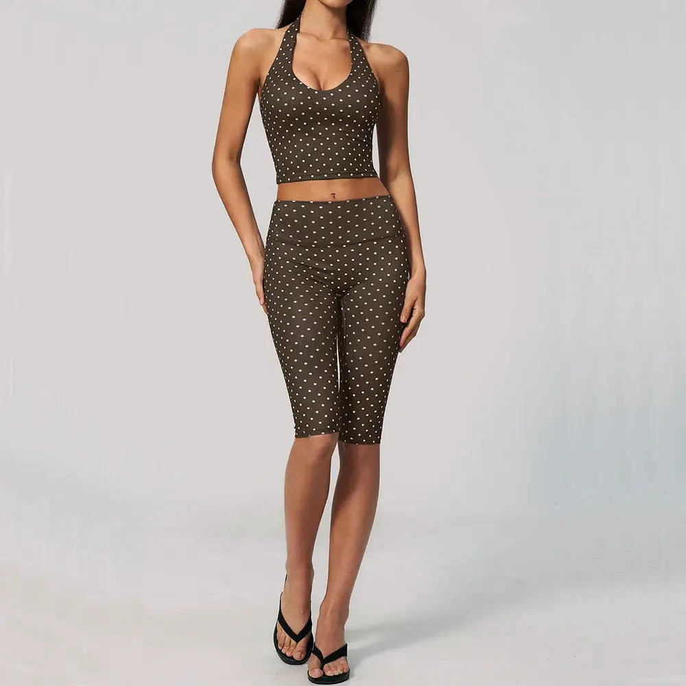 Yoga Capri Pants Set 2pcs Sport Set Women Polka Dot Athletic Wear Gym Push Up Yoga Pants Gym Suit Fitness Bra Workout Set Outfit