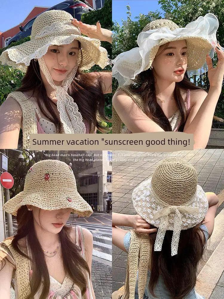 Straw Hat Japanese Style Hand Woven Womens Summer Lace