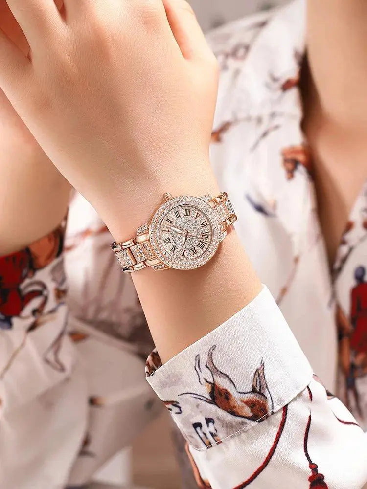 Rose Gold Crystal Watch Luxury Women's Diamond Timepiece